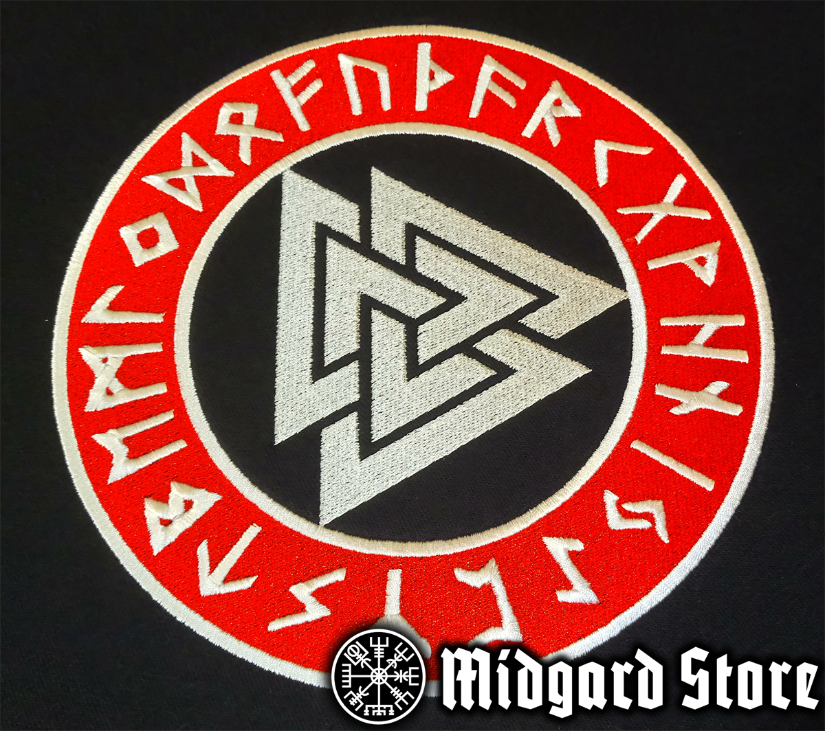 Valknut, jonka ympärillä on riimuja – kirjontamalli