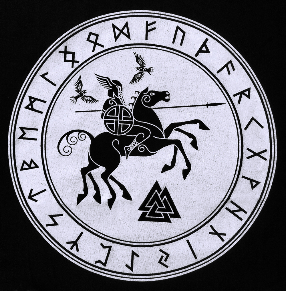 Epicka koszulka z Odynem dosiadającym Sleipnira – legendarnego ośmionogiego rumaka z mitologii nordyckiej. Koszulka z Odynem na Sleipnirze